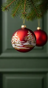 Red Christmas Ornament Gold Winter Landscape Detail
