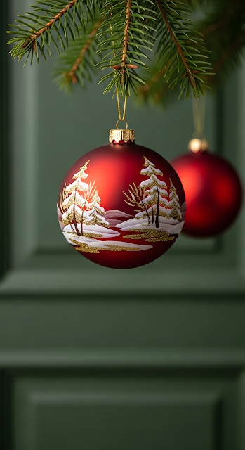 Red Christmas Ornament Gold Winter Landscape Detail - Free mobile Wallpaper