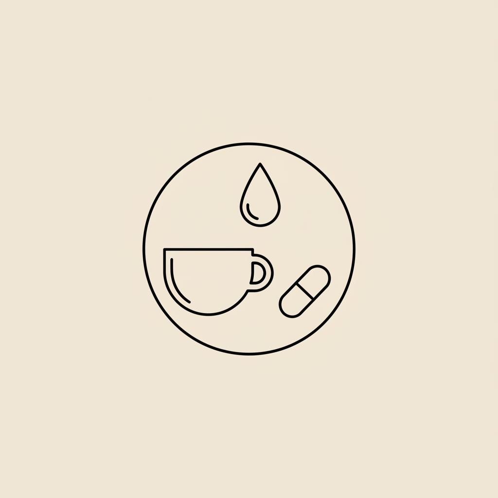 Tonum-style minimalist line illustration of a coffee cup, water droplet, and capsule in a circular layout on beige background, symbolizing quitting caffeine weight loss