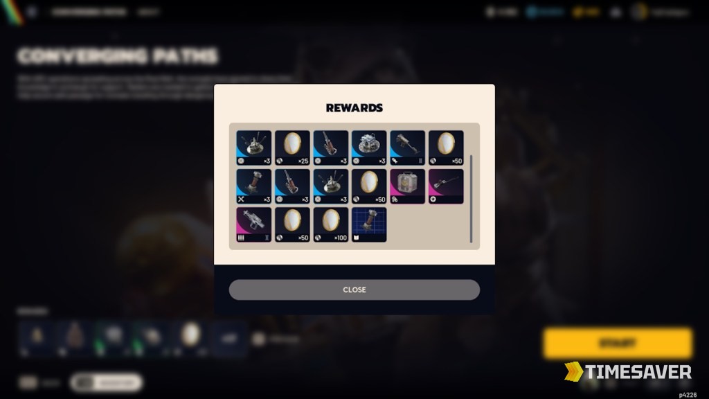 ARC Raiders Converging Paths full rewards grid — the mines, grenade traps, Raider Tokens (x25/x50/x100), Rascal II, Bobcat II, a Combat Mk. 3 augment, the Surge Coil blueprint and the Red-Black Saltwalker Outfit color earned across all six stages, 300 Raider Tokens total this season