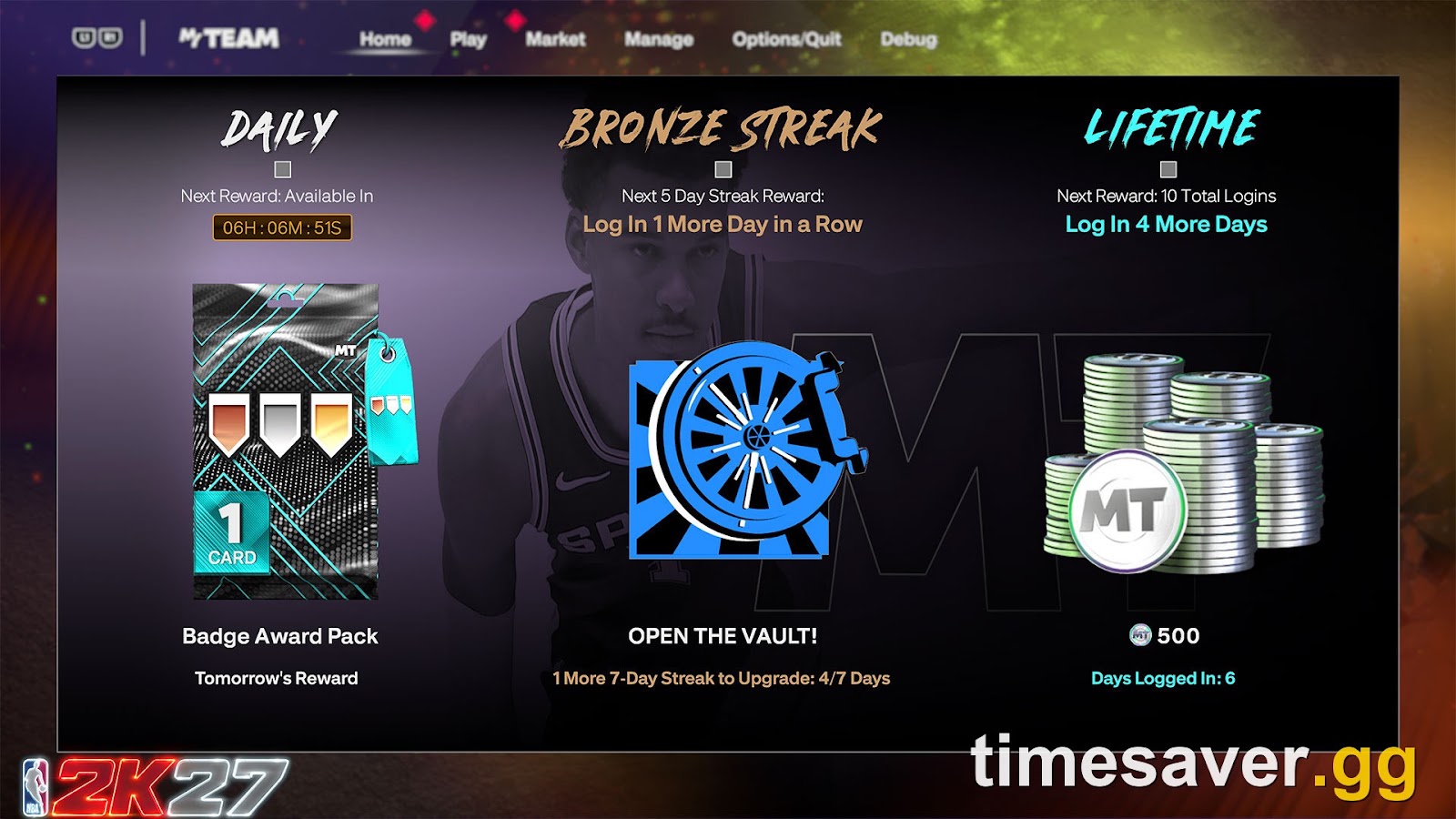NBA 2K27 MyTEAM Daily Login rewards screen showing currency and packs earned in-game