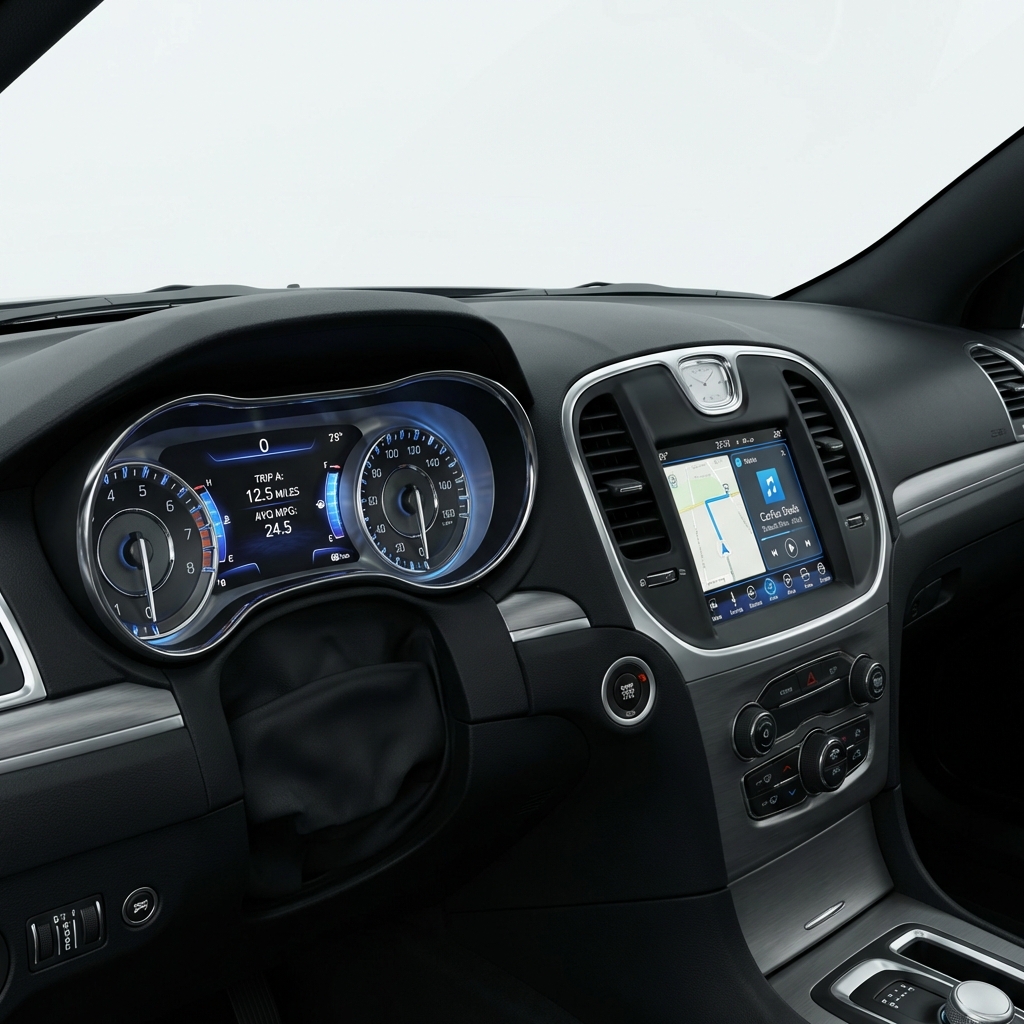 Close up of Chrysler 300 instrument cluster and infotainment screen powered on during a test drive minimalist white background with CarFax Deals blue accents chrysler 300 for sale
