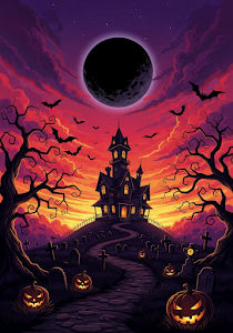 Halloween Haunted House Graveyard Dark Purple Sunset