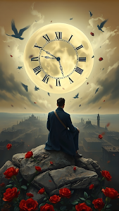 Surreal Time Clock Moon Over Ancient Cityscape