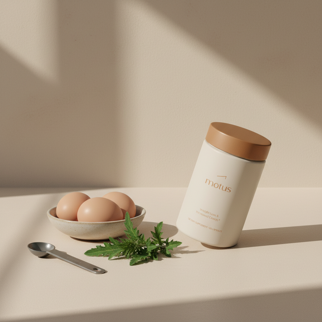 Motus supplement bottle on a minimalist kitchen countertop with eggs, milk thistle leaves and a measuring spoon, illustrating how to burn fat naturally