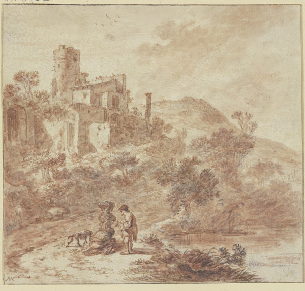 Ruine einer Villa vorne am Weg drei Leute und ein Hund