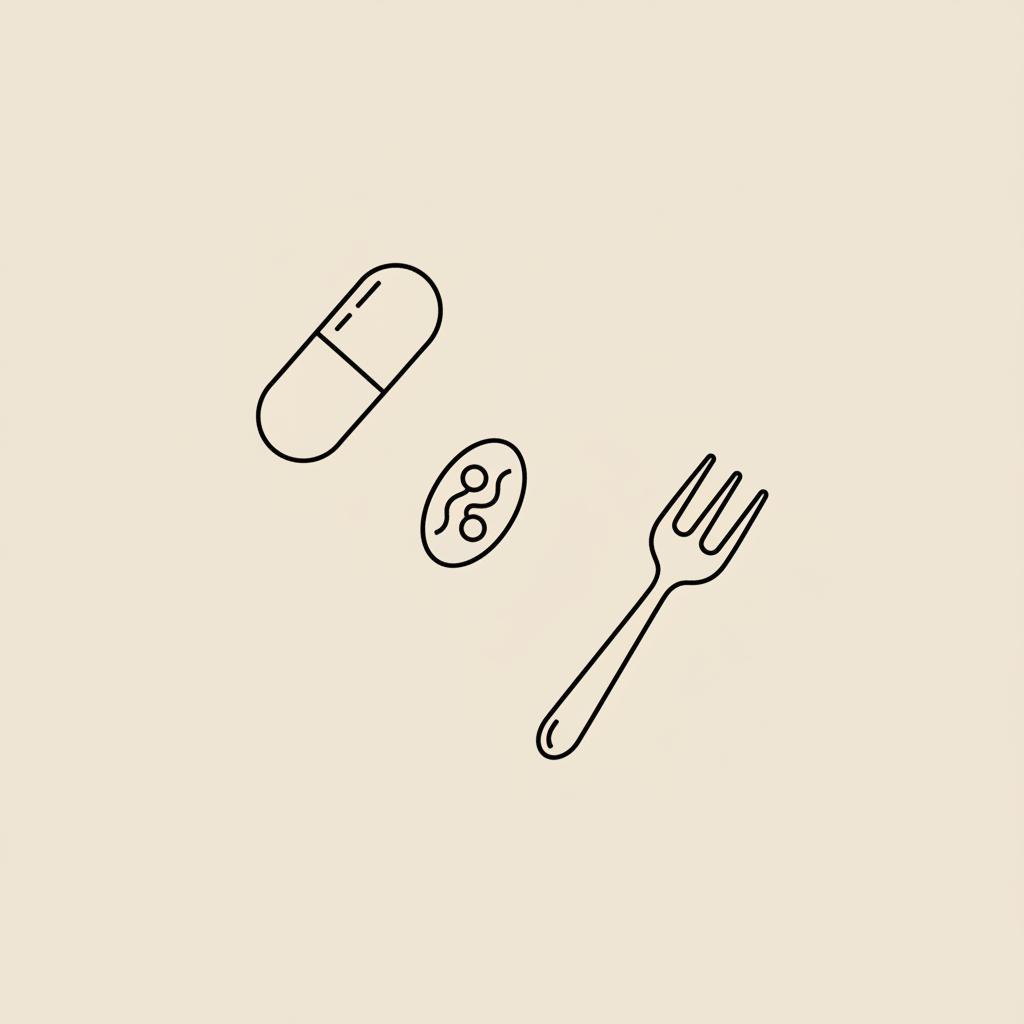 Minimalist 2D vector line illustration of a capsule, mitochondrion icon and fork on beige background, representing NAD+ and weight loss