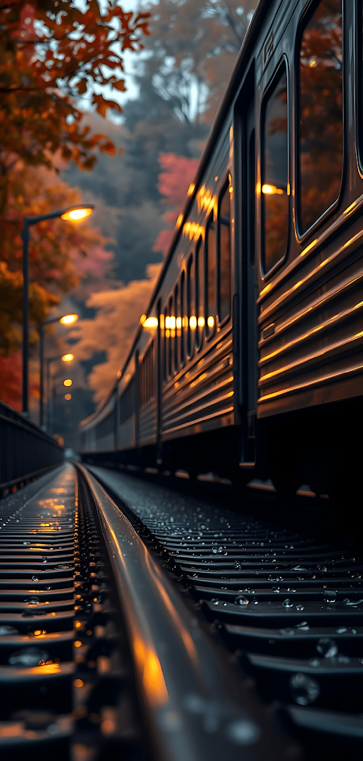 Train on Wet Tracks Under Autumn Trees at Dusk
