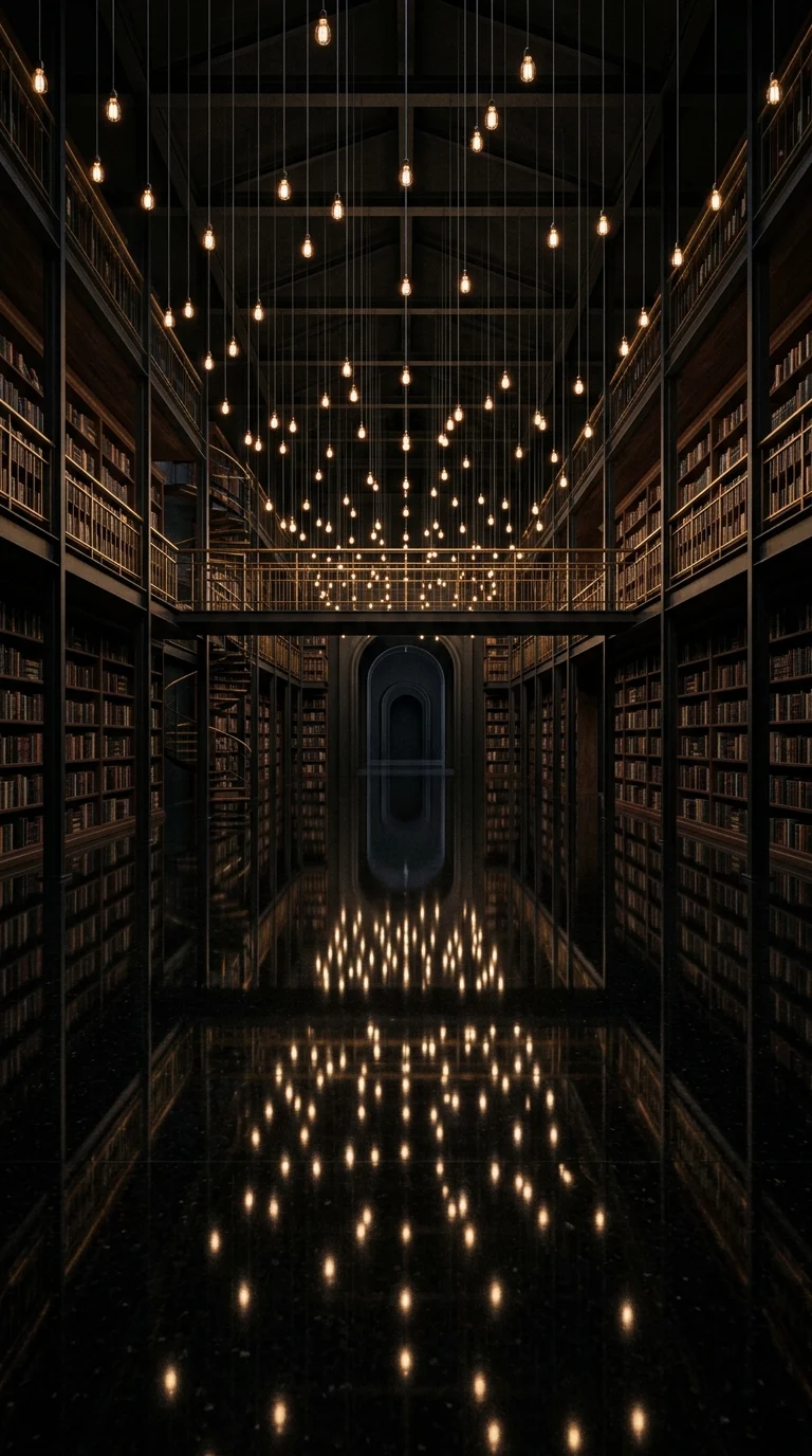 Dark Library with Hundreds of Suspended Glowing Lamps - Free 4K mobile Wallpaper