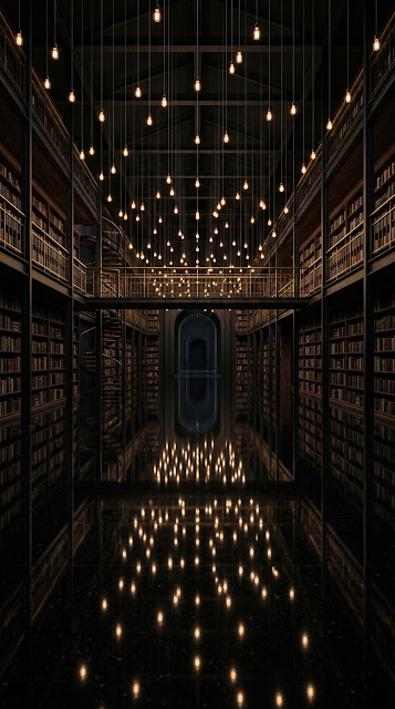 Dark Library with Hundreds of Suspended Glowing Lamps - Free mobile Wallpaper