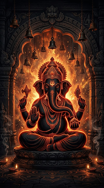 Illustration of Lord Ganesha Silhouette with Glowing Orange Highlights - Free mobile Wallpaper
