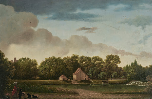 The Weir at Canford Manor with a gentleman sketching observed by a lady and two