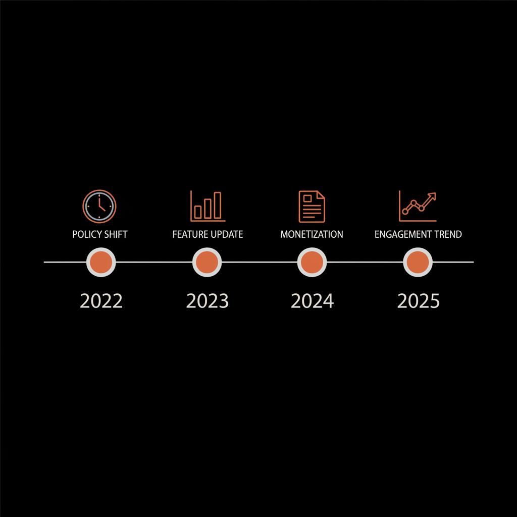 Is Twitter popular anymore timeline infographic showing 2022–2025 platform changes with minimal vector icons (clock, chart, policy) on a black background using brand accents