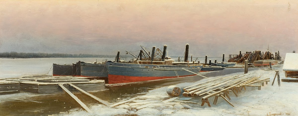 Boats at Dock in Winter 1885
