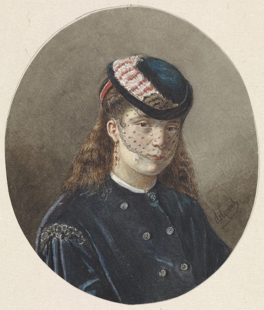 Portret van een jonge vrouw met hoedje met voile 1838   1899