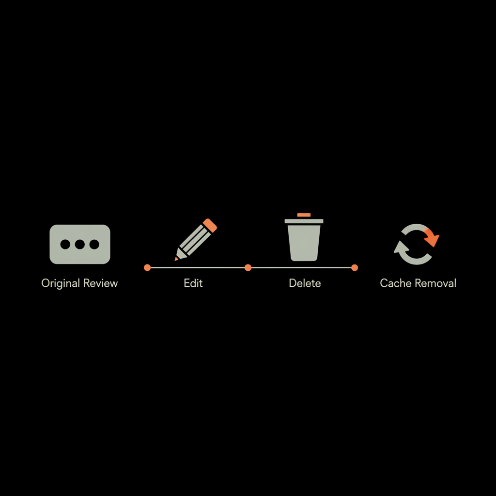 Minimal 2D vector timeline infographic showing original review, edit, delete, and cache removal on black background with grey icons and orange accents to illustrate how to delete Google review.