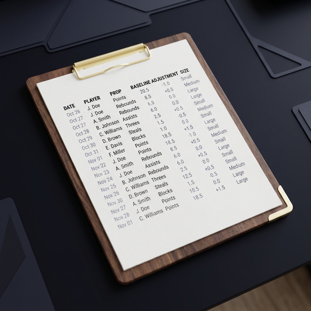 Building a Player Prop Research Checklist close up of a printed clipboard showing columns Date Player Prop Baseline Adjustment Size on a dark Funded Plays style minimalist background
