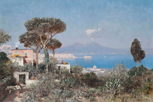 A boy and a donkey on the way to market above the Bay of Naples