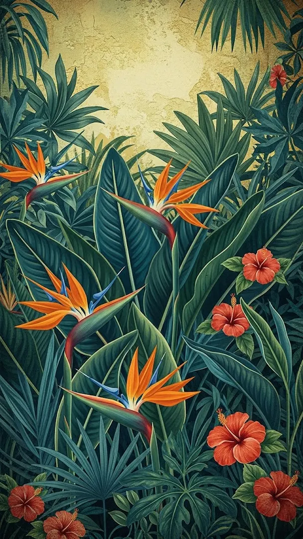 Vintage Style Digital Mural of Tropical Plants, Bird of Paradise, and Hibiscus Flowers