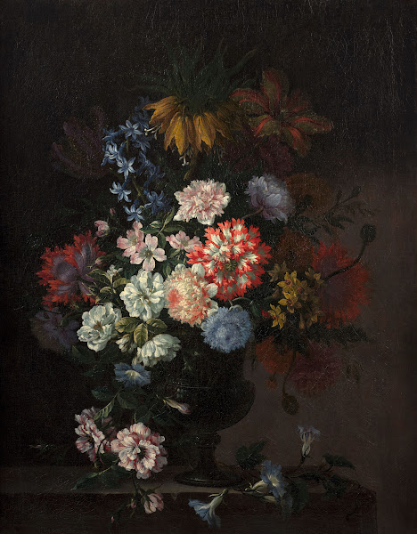 Vase of flowers on a stone entablature