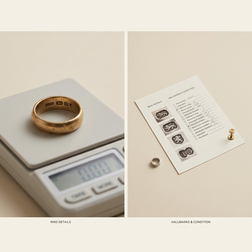 Side by side photo of the oldest gold ring on a jewellers digital scale and a sheet with photographed hallmarks and blurred condition notes on a warm neutral background