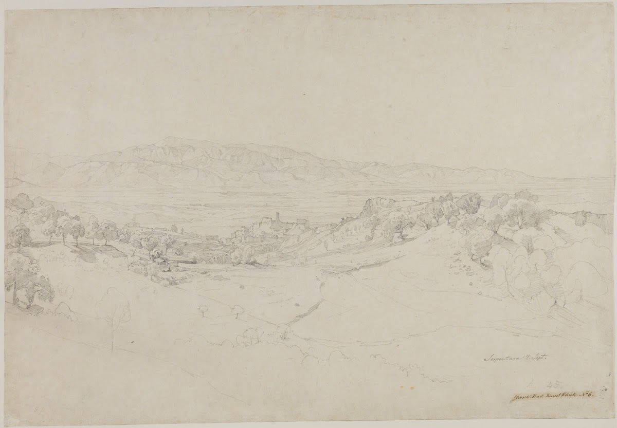 Blick von der Serpentara auf Olevano und das Volskergebirge 1839
