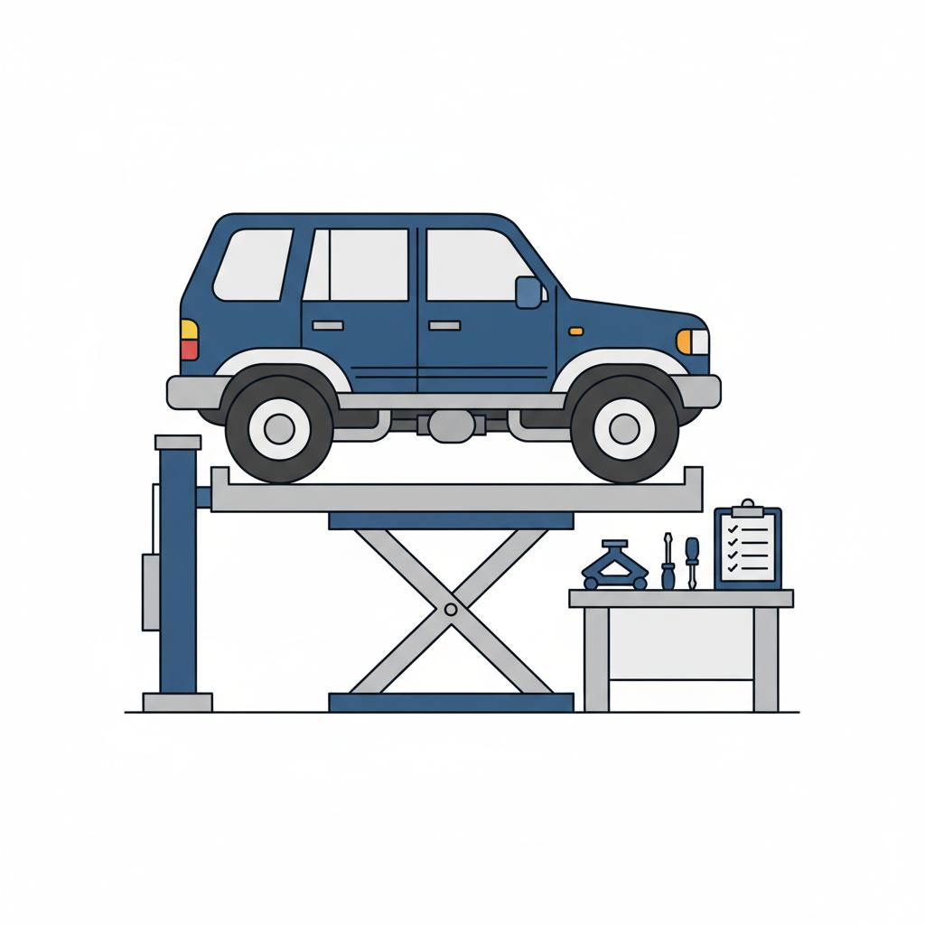 Minimal flat vector of an SUV on a lift showing the vehicle underside with tools and a checklist nearby on white background with blue accents 3666ed and dark outlines 010205 optimized for suv for sale near me