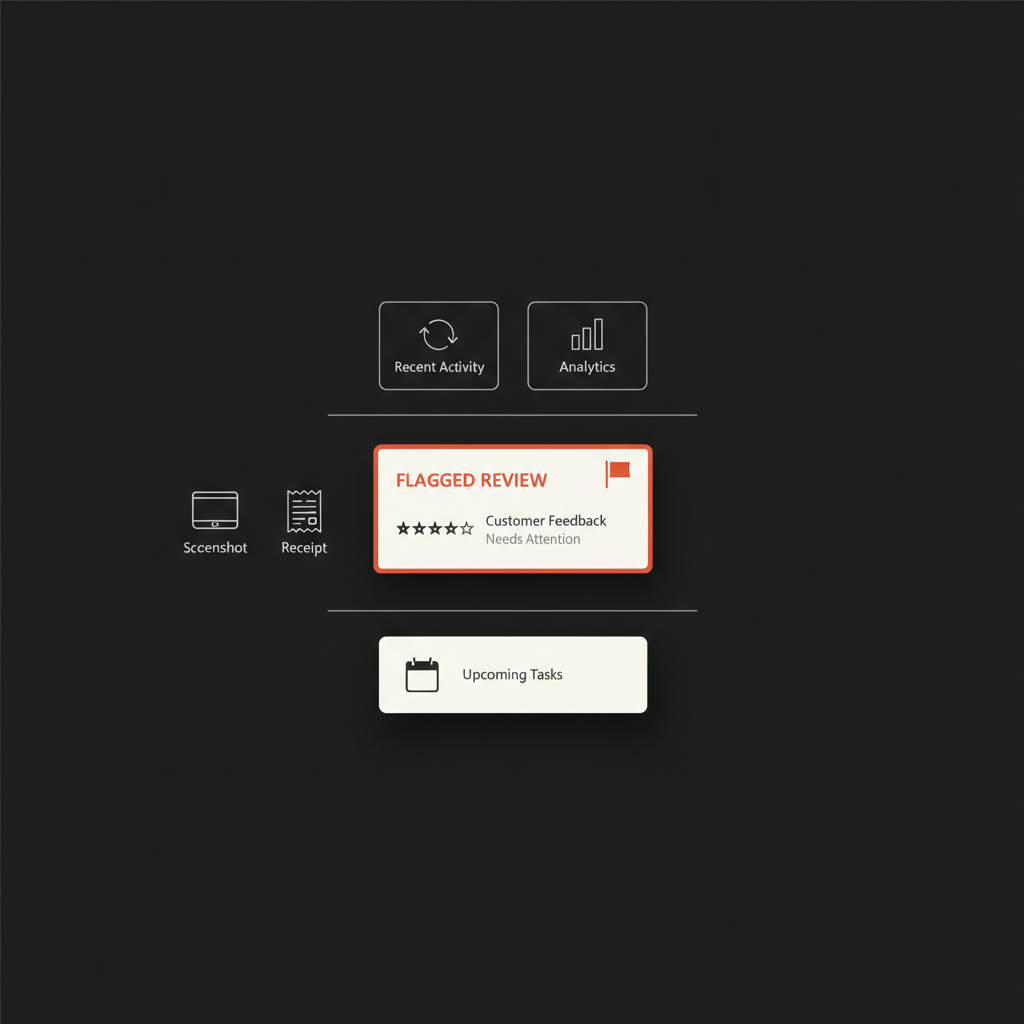 Minimal vector infographic of a business dashboard highlighting a flagged review card for a false negative Google review, with simple screenshot and receipt icons on a black background