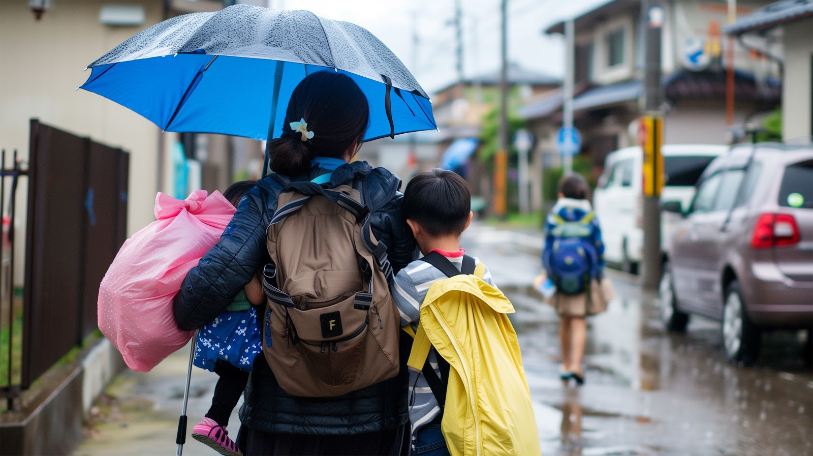 雨の日の住宅街を歩く親子のイメージ
