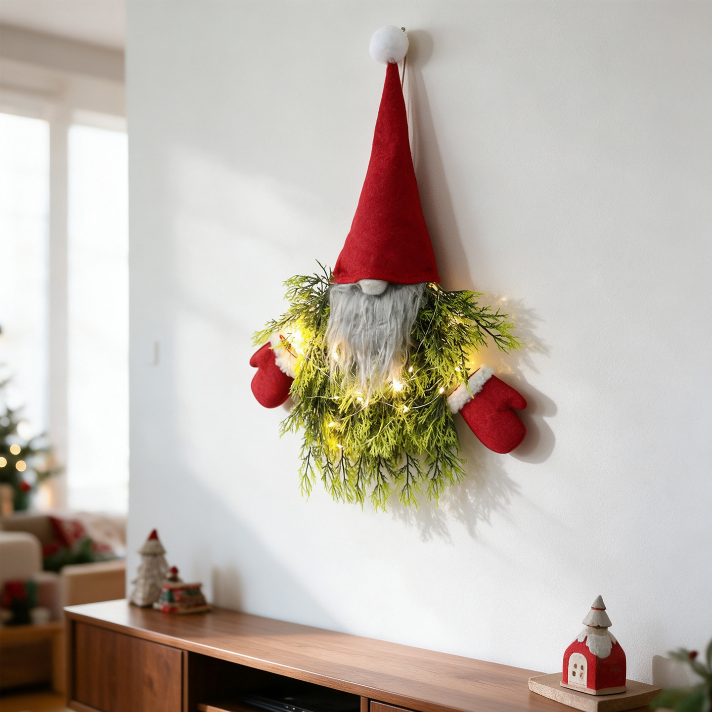 Illuminated Christmas Wreath with Gnome Motif