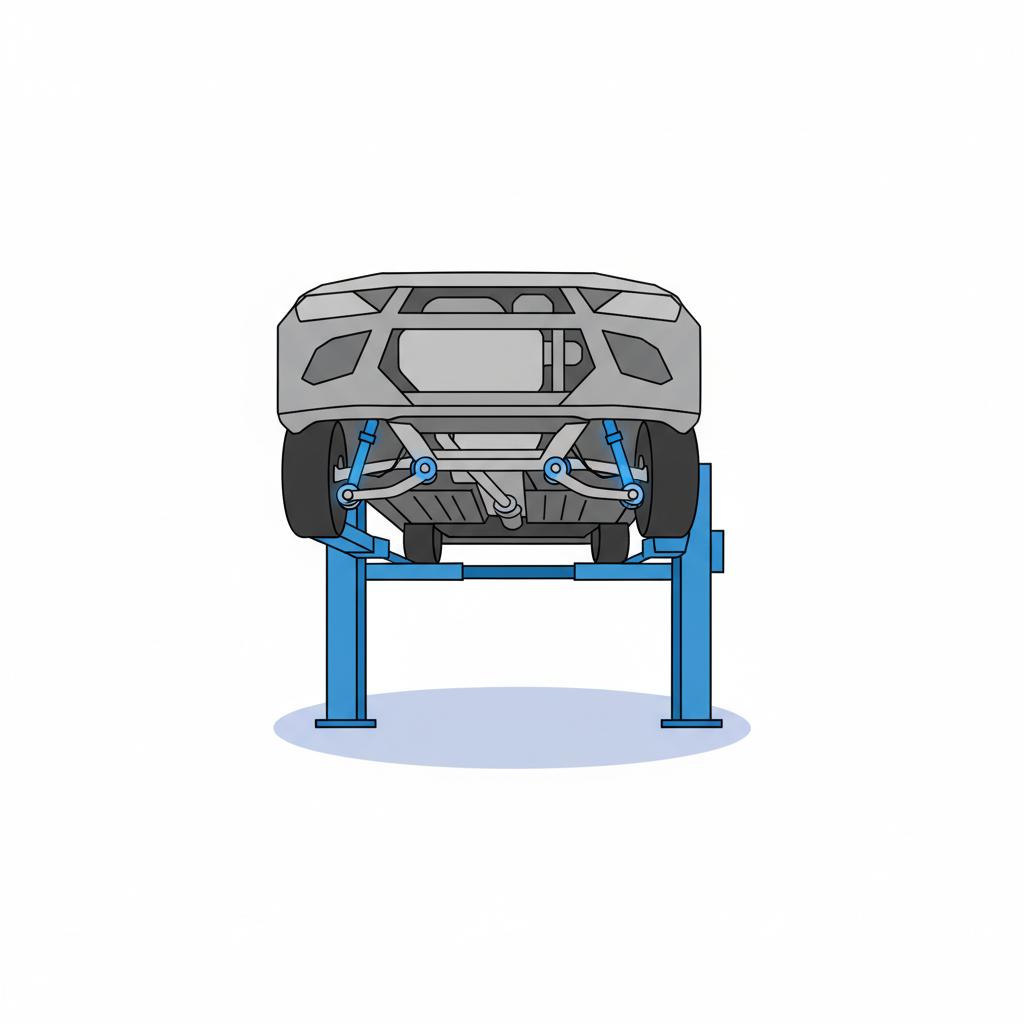Minimal 2D vector underbody illustration of a car on a lift highlighting control arms and subframe mounting points clean white workshop background bmw m4 for sale