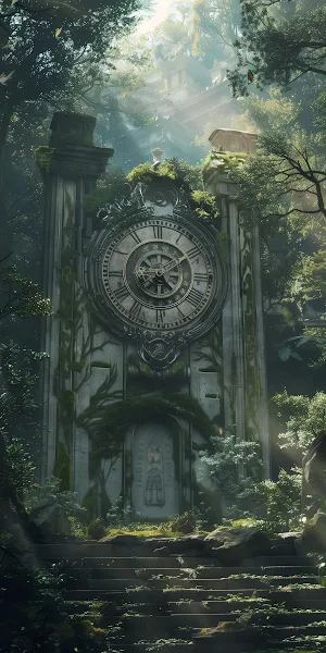 Overgrown Clock, Forest Ruins, Fantasy Landscape, Nature Photography 4K iPhone Wallpaper Background