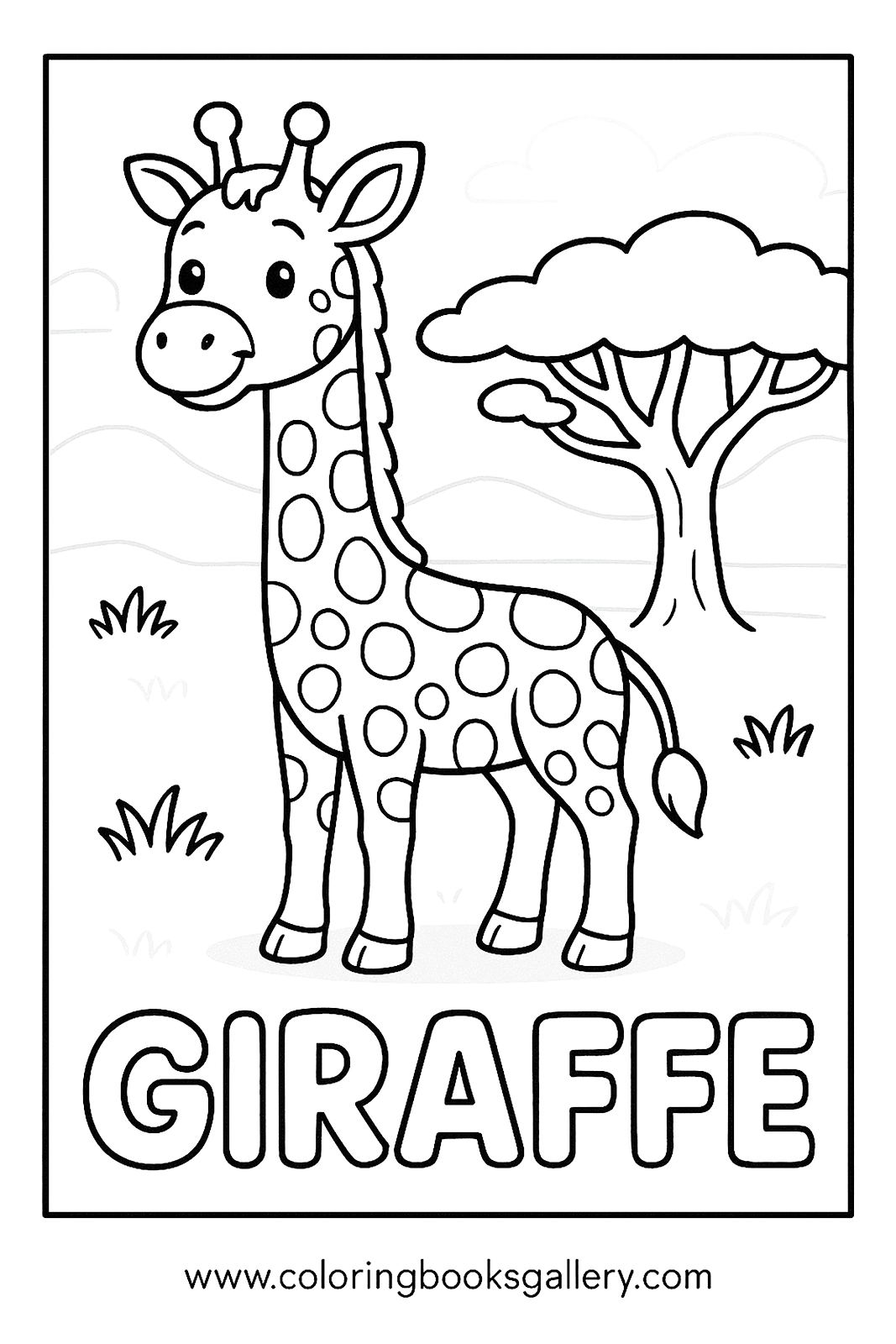 Fun coloring page to learn the English word 'Giraffe' for kids – printable coloring page
