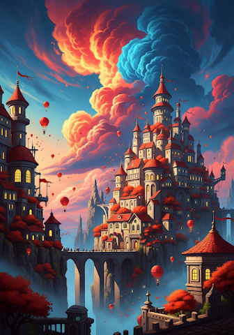 Whimsical Cliff City Colorful Clouds Fantasy Art