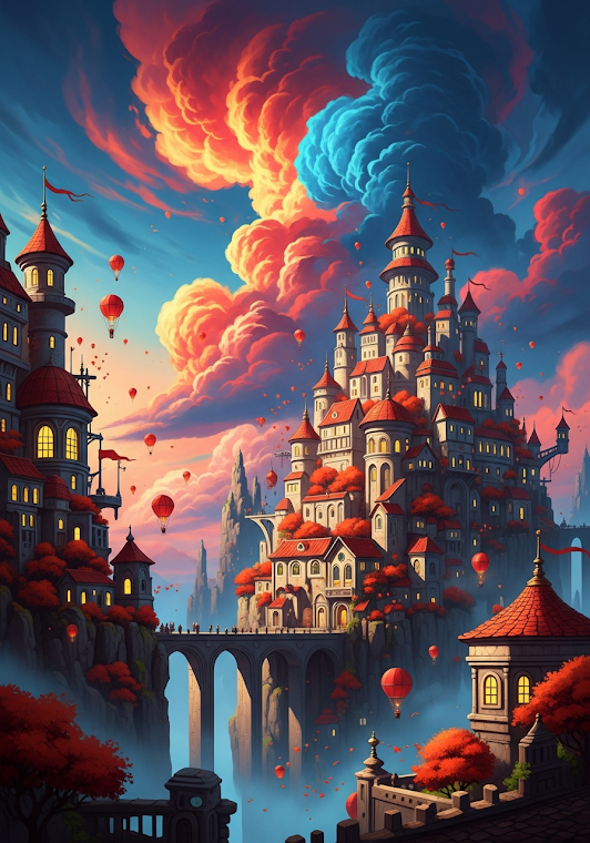 Whimsical Cliff City Colorful Clouds Fantasy Art