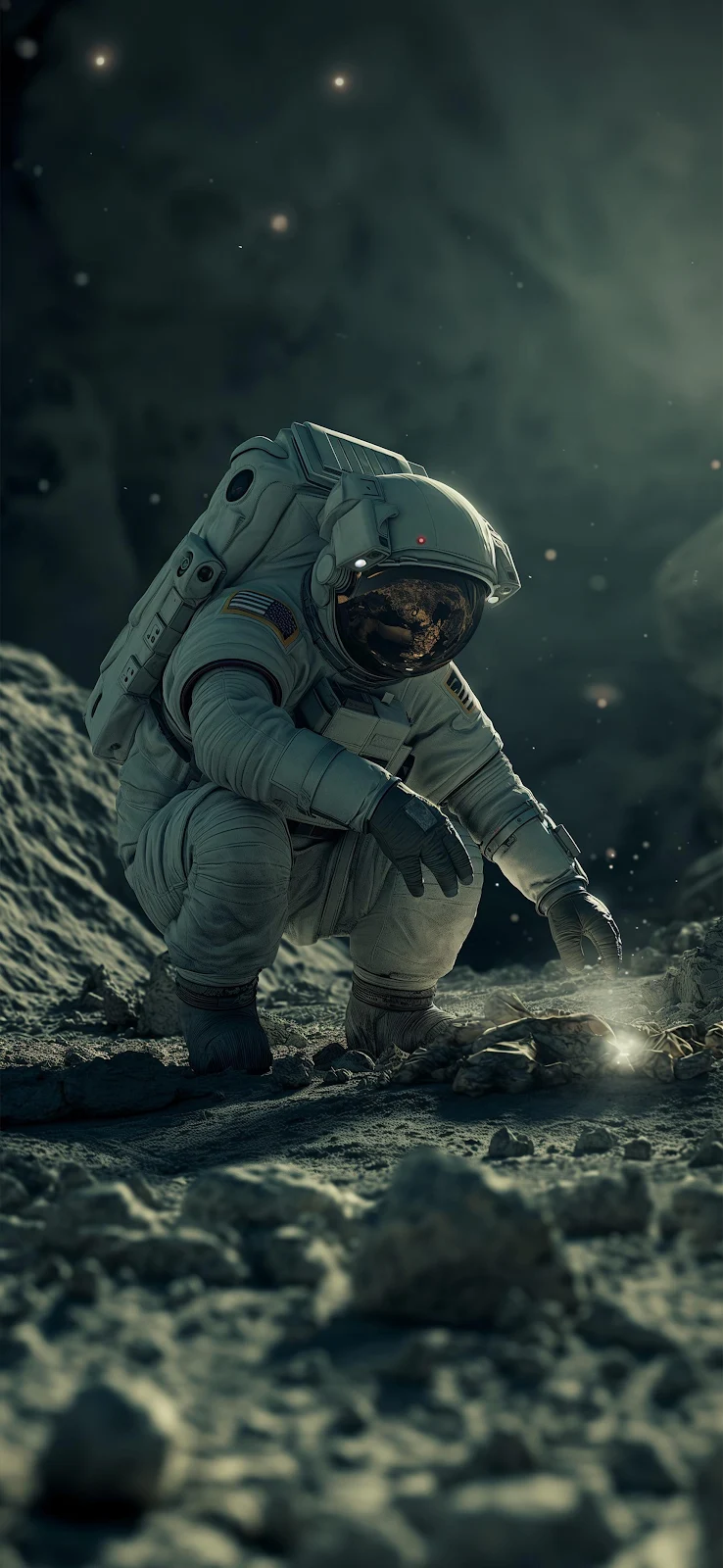 Astronaut Examining Lunar Surface - Digital Sci-Fi Art 2K iPhone Wallpaper (1720x3728)