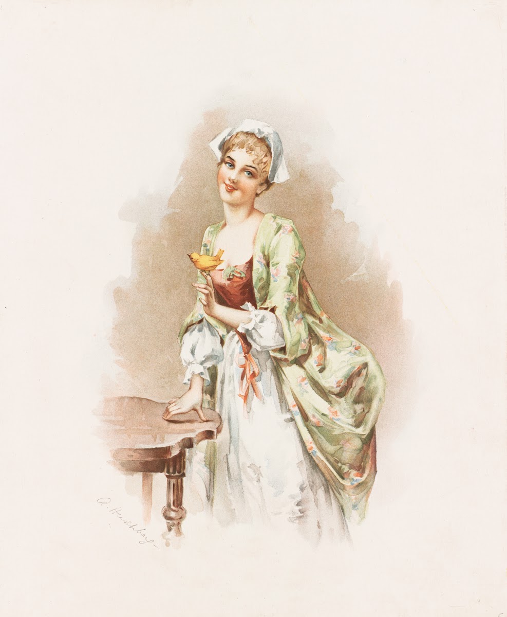 Woman holding a yellow bird 1894