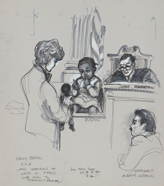 Nancy Borko ADA asks questions of child on stand with doll to demonstrate How ma