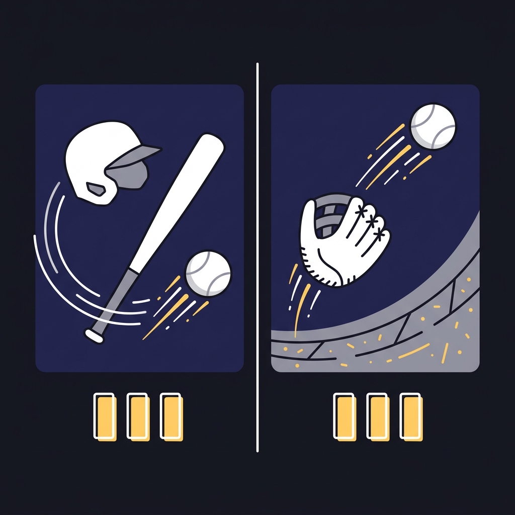 Minimalist 2D vector split scene showing batting gear and outfield gear with small WAR component bars comparing players aaron judge home run odds