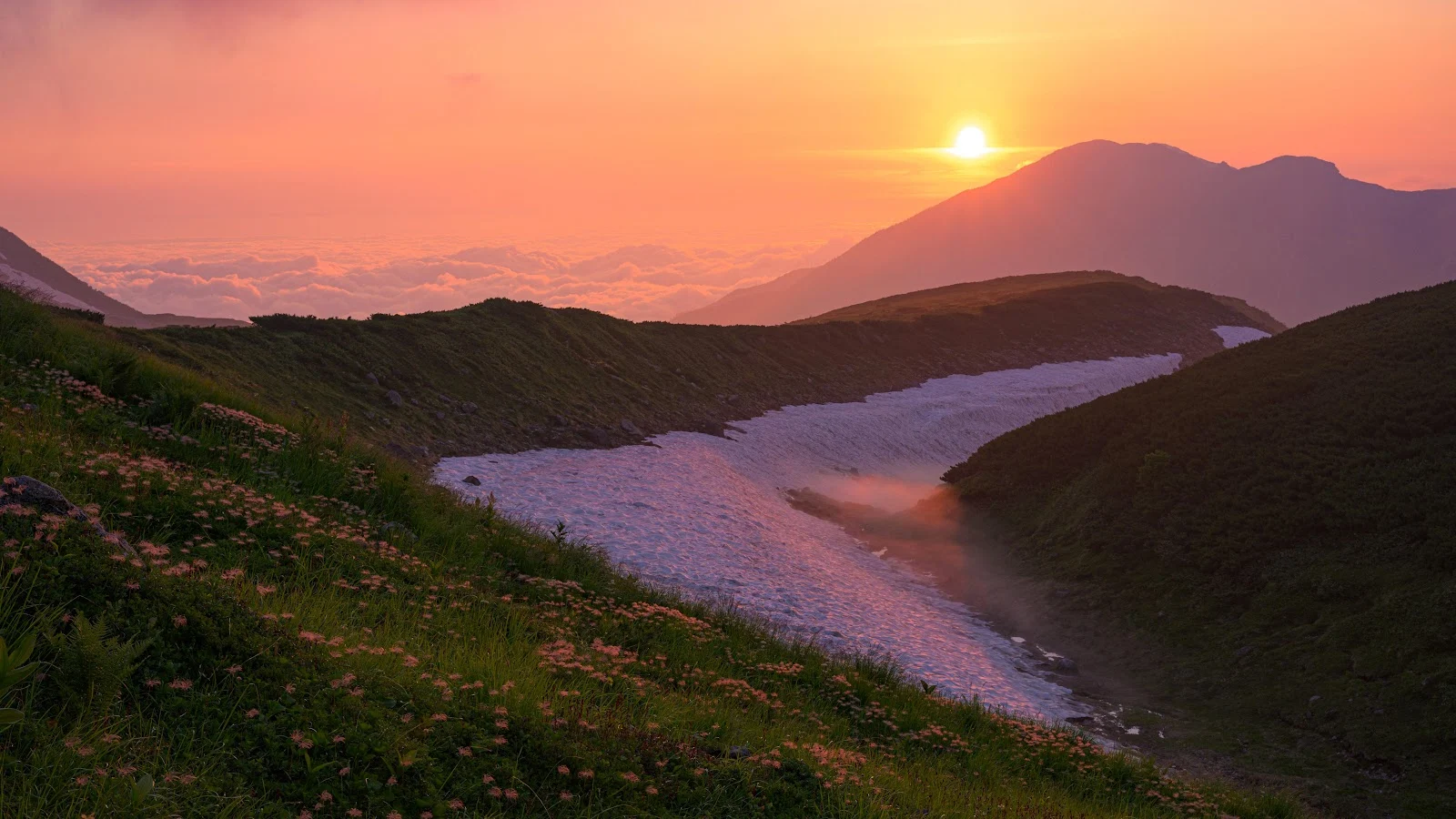 Alpine Snow Valley Sunset - Landscape Photography 5K Wallpaper (6144x3456)