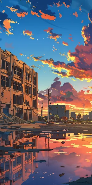 Apocalyptic, Urban Decay, Sunset, Reflection 2K Wallpaper Background