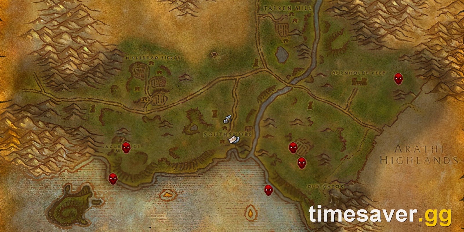 WoW Classic leveling zone map — Hillsbrad and Arathi Highlands
