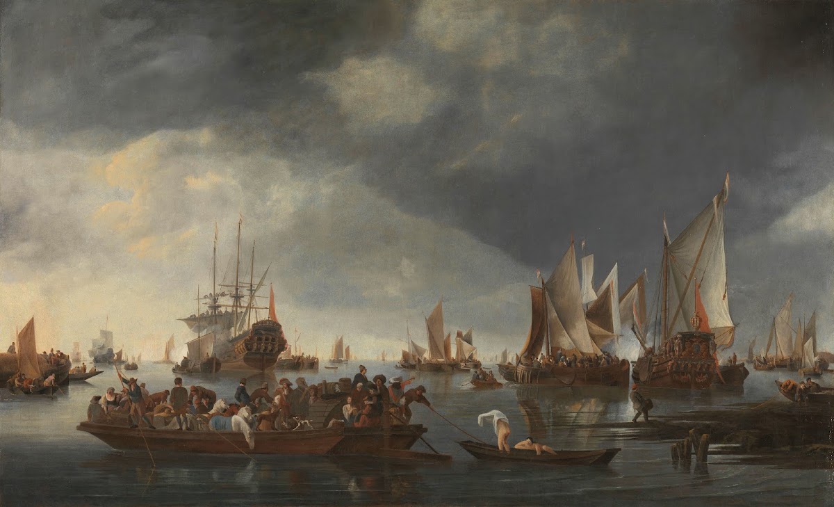 Harbor with Sailboats and Ferry Boat 1650   1675