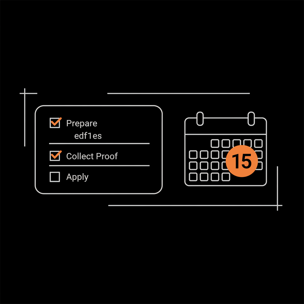 Minimal full-frame infographic on black background showing a checklist and calendar with steps "Prepare", "Collect Proof", "Apply". Does Instagram verification cost money?