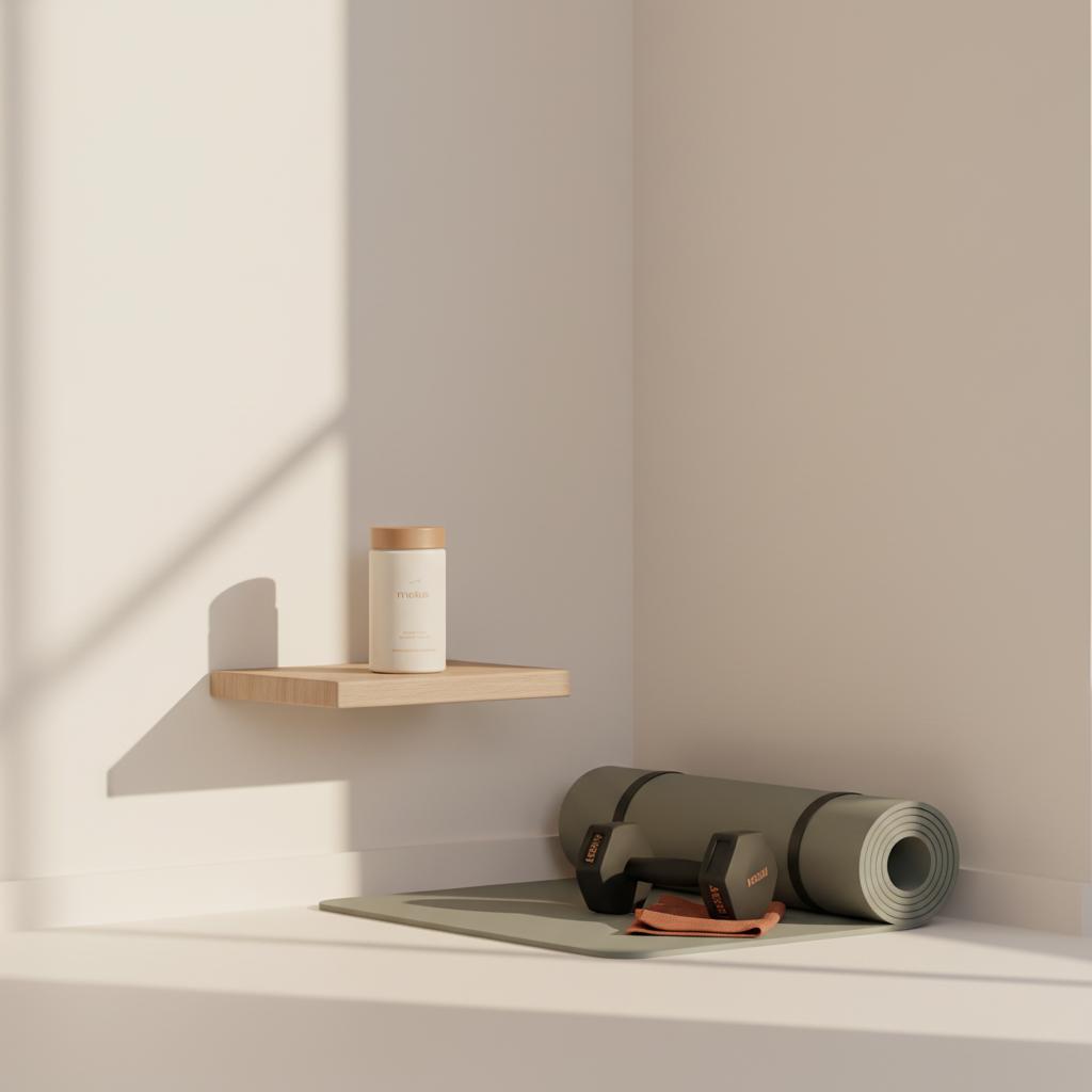 Tonum supplement bottle on a wooden shelf beside a rolled exercise mat and light dumbbell in a minimalist workout corner, highlighting HMB benefits for muscle