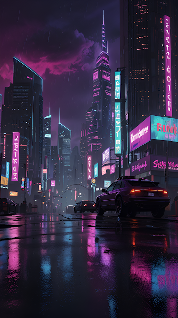 Cyberpunk City Street Neon Reflections in Rain, Purple Night - Free mobile Wallpaper