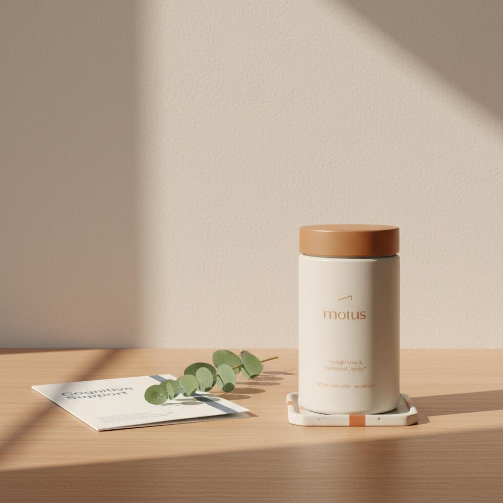Tonum Nouro container on a tidy home-office tabletop beside a folded pamphlet titled 'Cognitive Support' and a sprig of greenery, soft beige background — what damages the brain the most