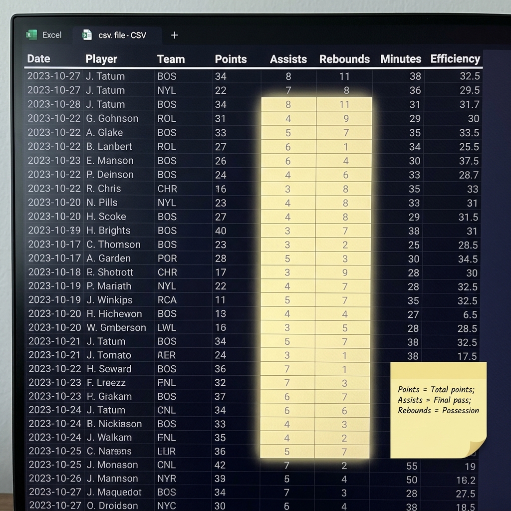 Close up full frame view of a CSV opened in Excel with highlighted statistical columns and a sticky note mapping column names to official stat definitions A Beginners Sports Analytics Toolkit