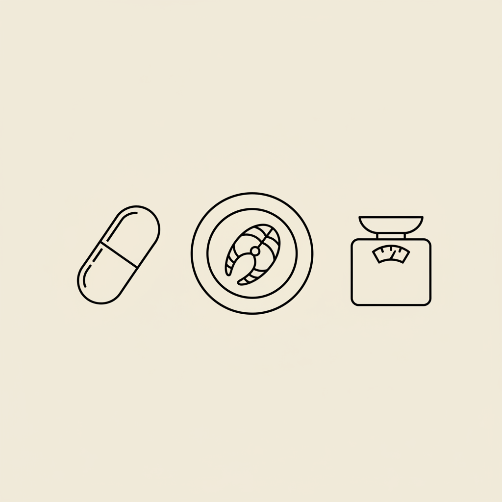 Tonum-style minimalist line illustration of a capsule, a protein plate and a small scale on beige background — what pills make you lose belly fat