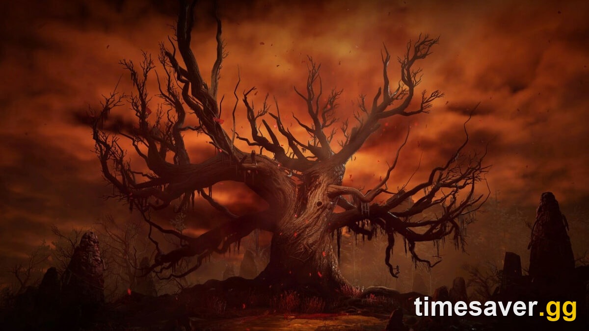 Diablo 4 Helltide zone with the blood-red sky over the corrupted Season 14 landscape